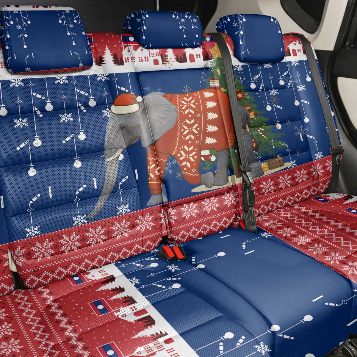Laos Christmas Back Car Seat Cover with Festive Elephant Design and Holiday Village Pattern - Wonder Print Shop