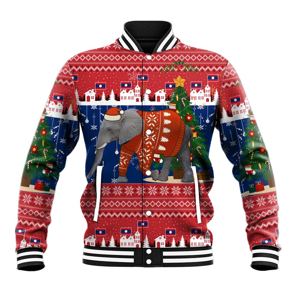 Laos Christmas Baseball Jacket with Festive Elephant Design and Holiday Village Pattern - Wonder Print Shop