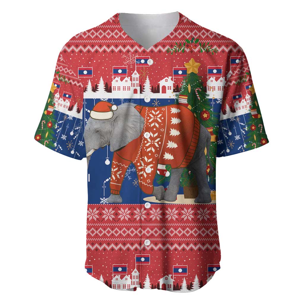 Laos Christmas Baseball Jersey with Festive Elephant Design and Holiday Village Pattern - Wonder Print Shop