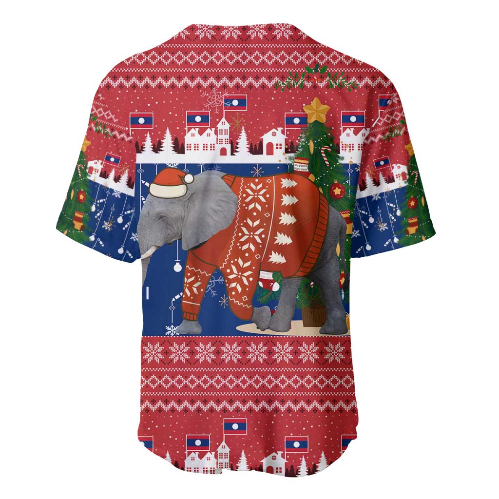 Laos Christmas Baseball Jersey with Festive Elephant Design and Holiday Village Pattern - Wonder Print Shop