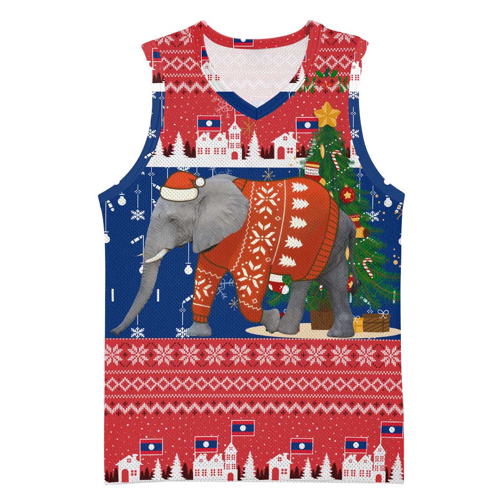 Laos Christmas Basketball Jersey with Festive Elephant Design and Holiday Village Pattern - Wonder Print Shop