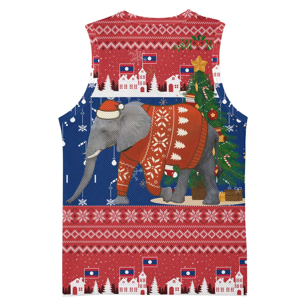 Laos Christmas Basketball Jersey with Festive Elephant Design and Holiday Village Pattern - Wonder Print Shop
