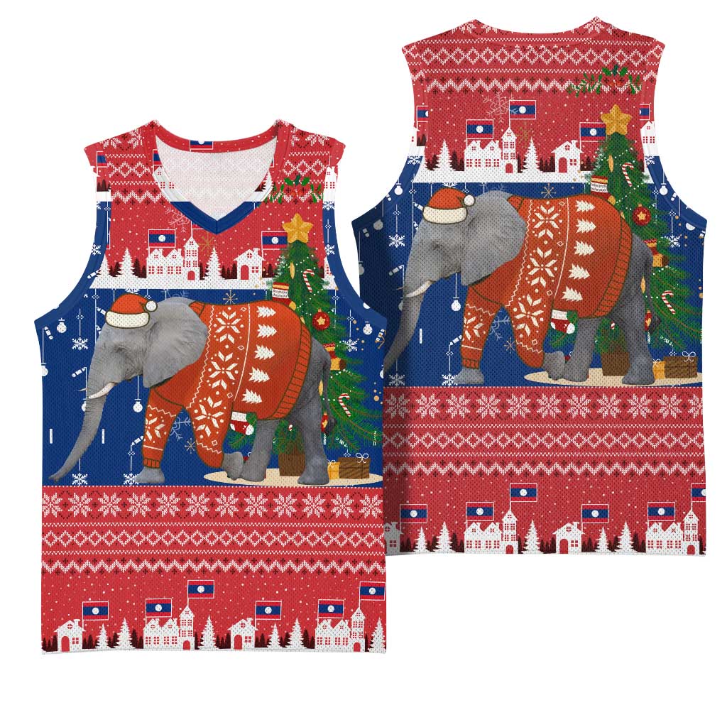 Laos Christmas Basketball Jersey with Festive Elephant Design and Holiday Village Pattern - Wonder Print Shop