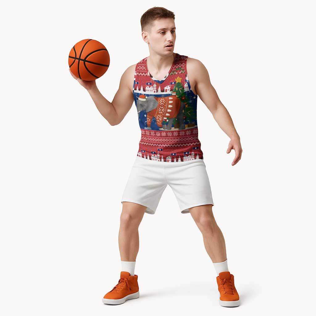 Laos Christmas Basketball Jersey with Festive Elephant Design and Holiday Village Pattern - Wonder Print Shop