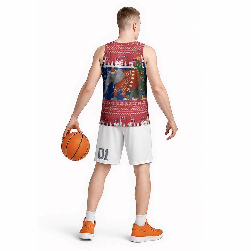 Laos Christmas Basketball Jersey with Festive Elephant Design and Holiday Village Pattern - Wonder Print Shop