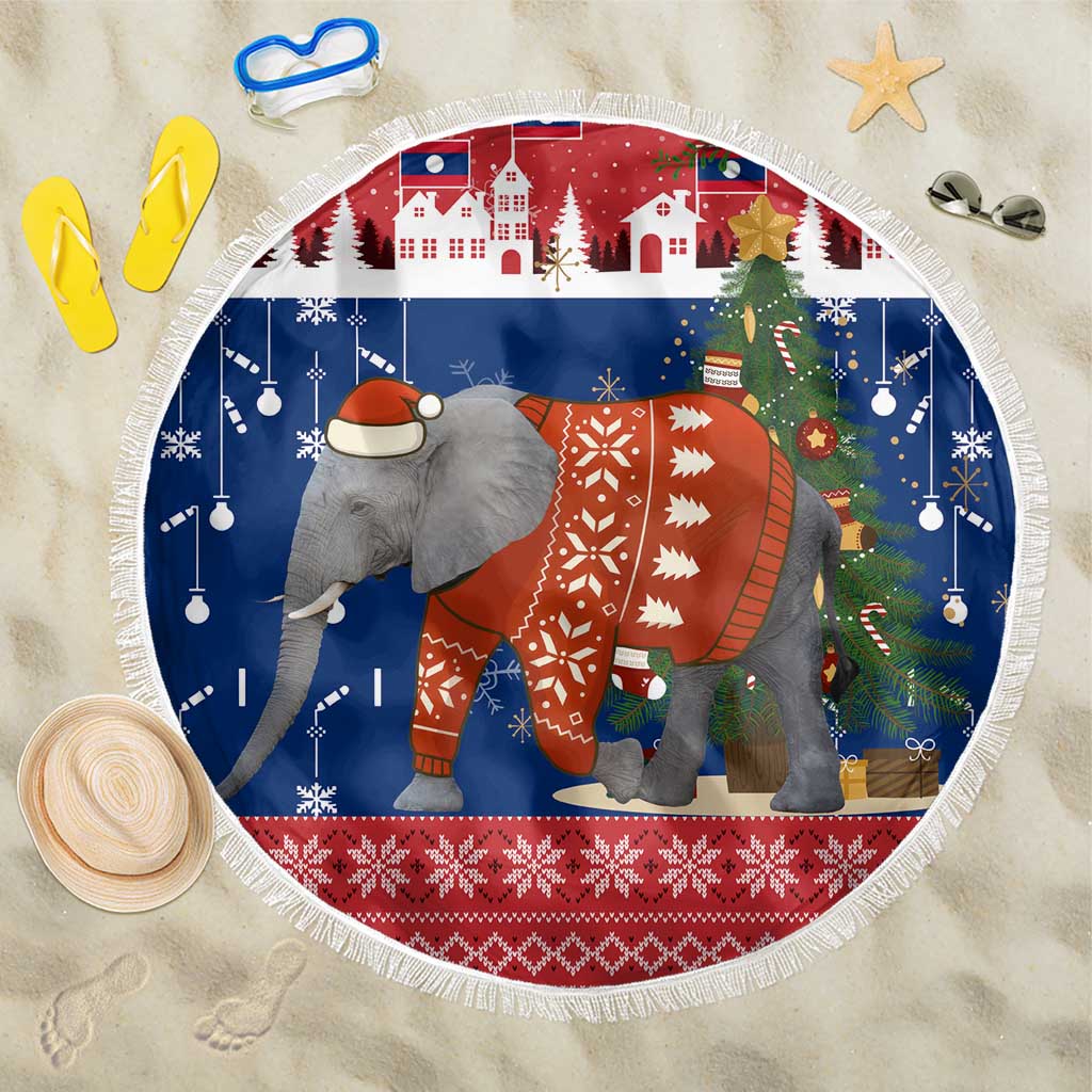 Laos Christmas Beach Blanket with Festive Elephant Design and Holiday Village Pattern - Wonder Print Shop