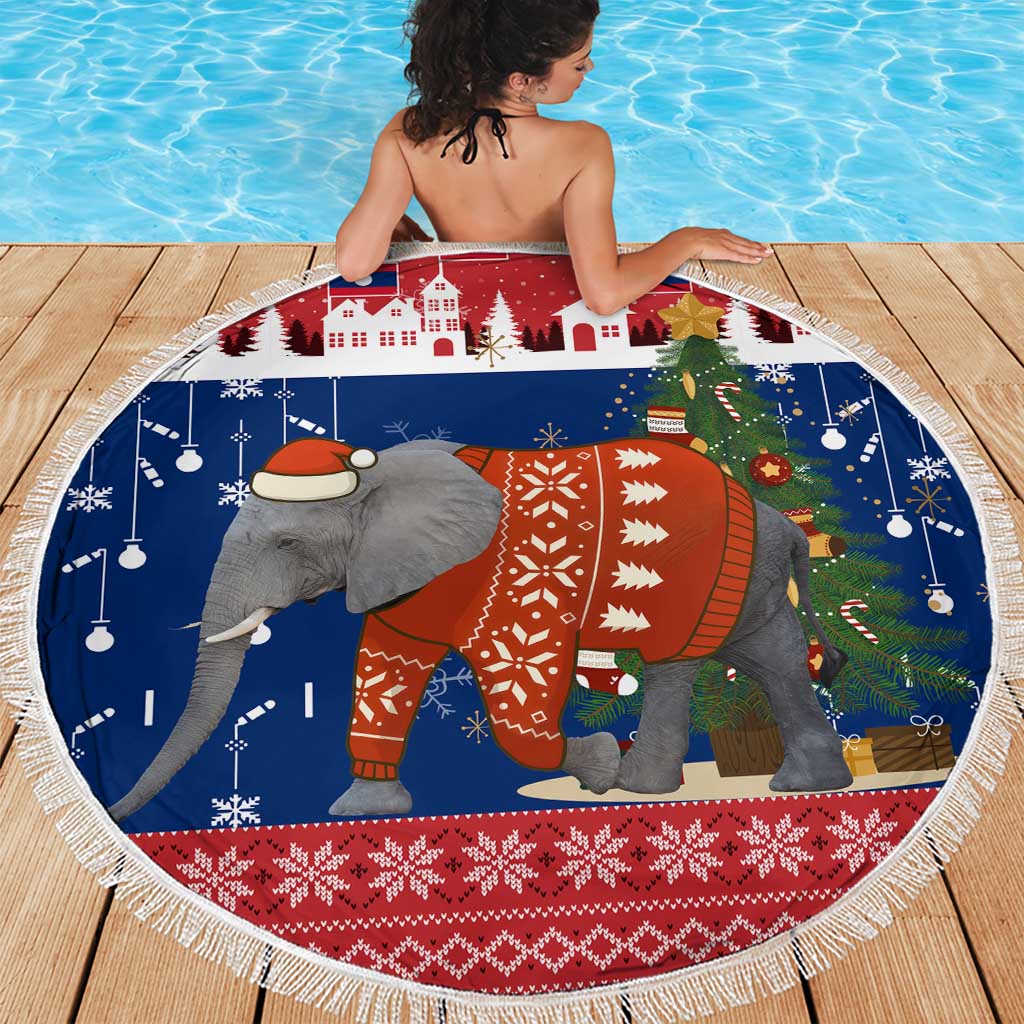 Laos Christmas Beach Blanket with Festive Elephant Design and Holiday Village Pattern - Wonder Print Shop