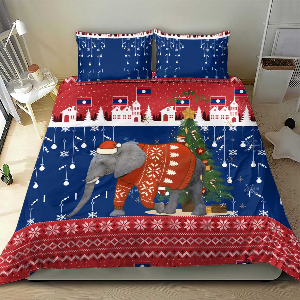 Laos Christmas Bedding Set with Festive Elephant Design and Holiday Village Pattern - Wonder Print Shop