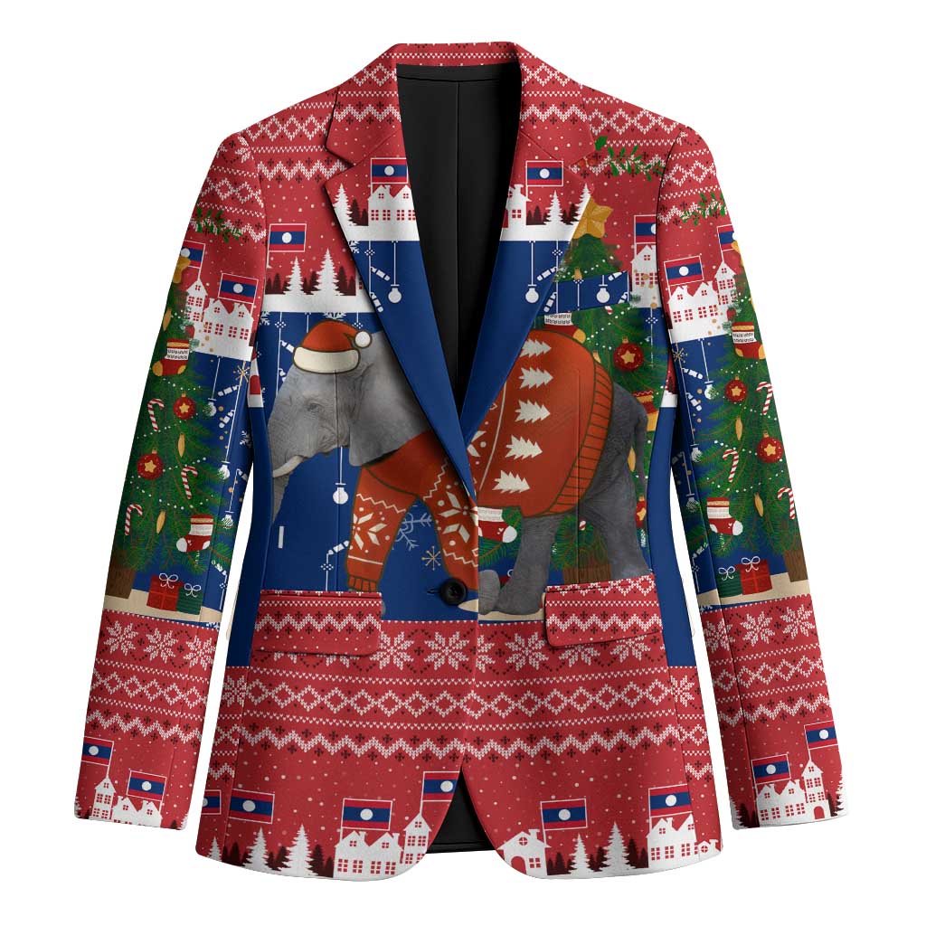 Laos Christmas Blazer with Festive Elephant Design and Holiday Village Pattern - Wonder Print Shop