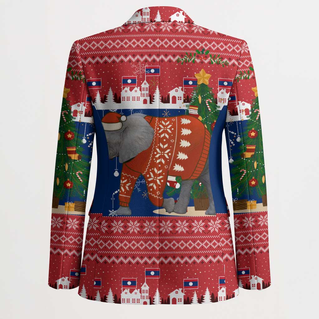 Laos Christmas Blazer with Festive Elephant Design and Holiday Village Pattern - Wonder Print Shop