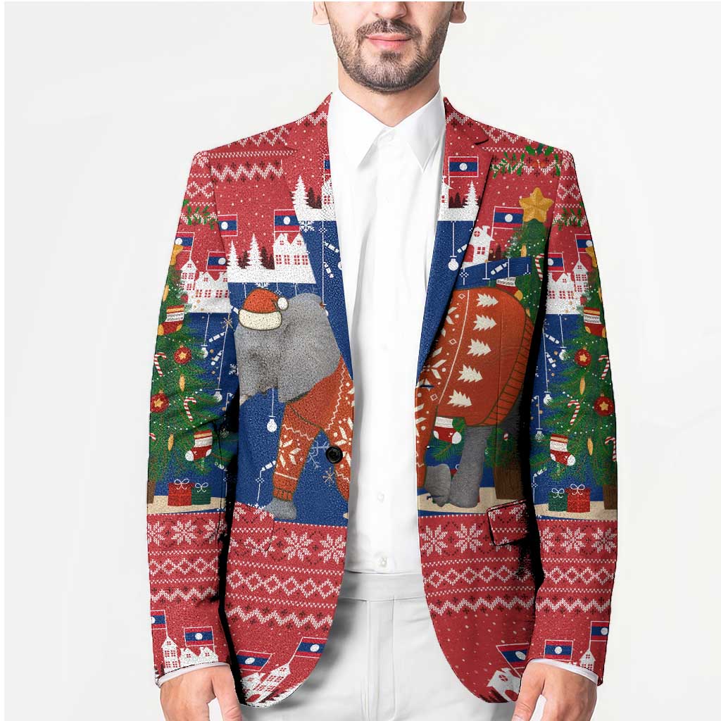 Laos Christmas Blazer with Festive Elephant Design and Holiday Village Pattern - Wonder Print Shop