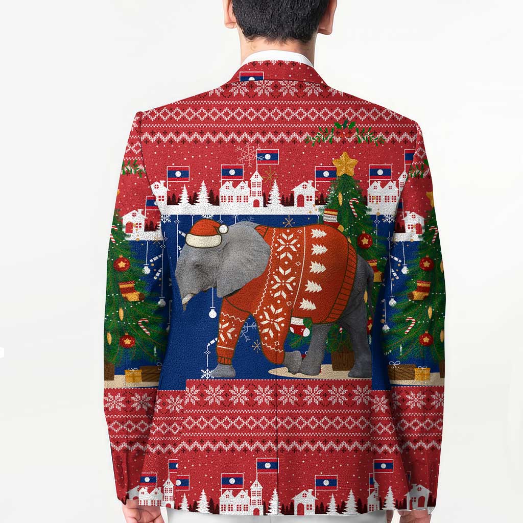 Laos Christmas Blazer with Festive Elephant Design and Holiday Village Pattern - Wonder Print Shop