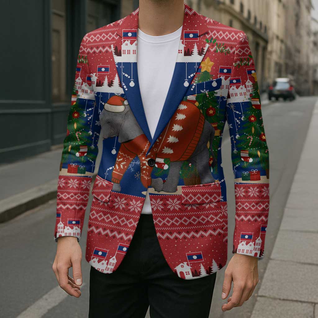 Laos Christmas Blazer with Festive Elephant Design and Holiday Village Pattern - Wonder Print Shop
