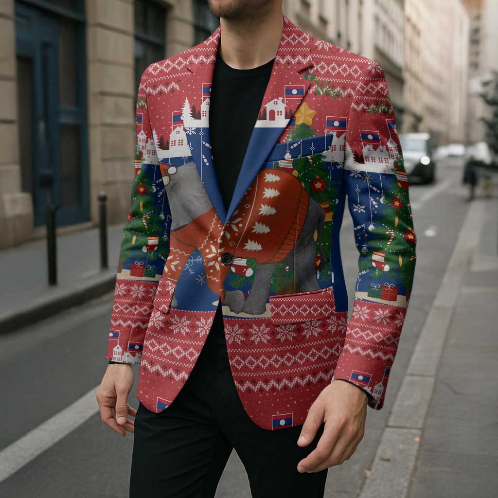 Laos Christmas Blazer with Festive Elephant Design and Holiday Village Pattern - Wonder Print Shop