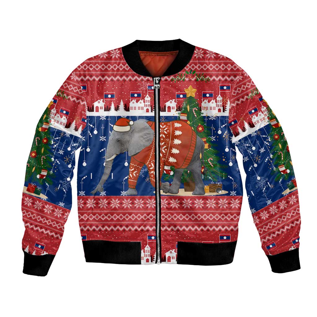 Laos Christmas Bomber Jacket with Festive Elephant Design and Holiday Village Pattern - Wonder Print Shop