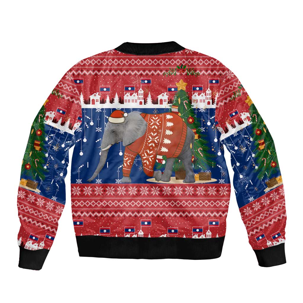 Laos Christmas Bomber Jacket with Festive Elephant Design and Holiday Village Pattern - Wonder Print Shop