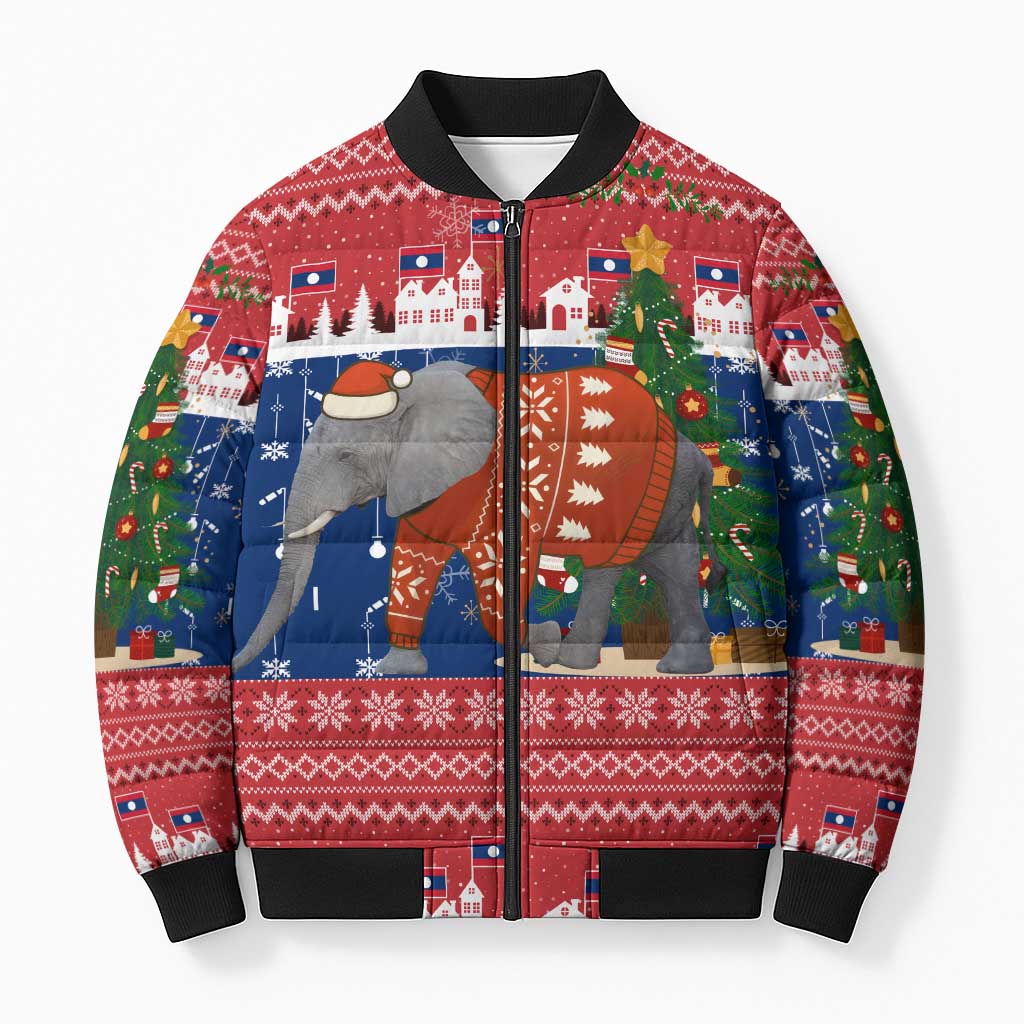 Laos Christmas Bomber Puffer Jacket with Festive Elephant Design and Holiday Village Pattern - Wonder Print Shop