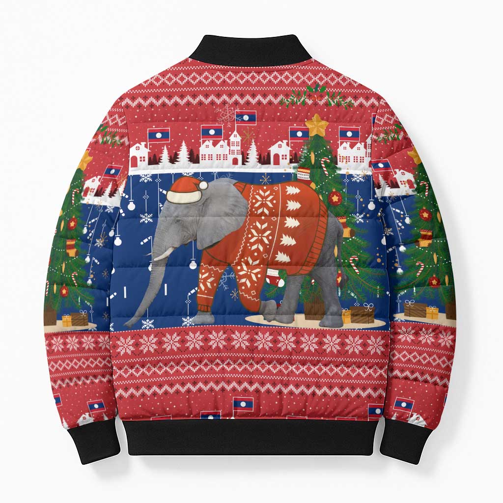 Laos Christmas Bomber Puffer Jacket with Festive Elephant Design and Holiday Village Pattern - Wonder Print Shop