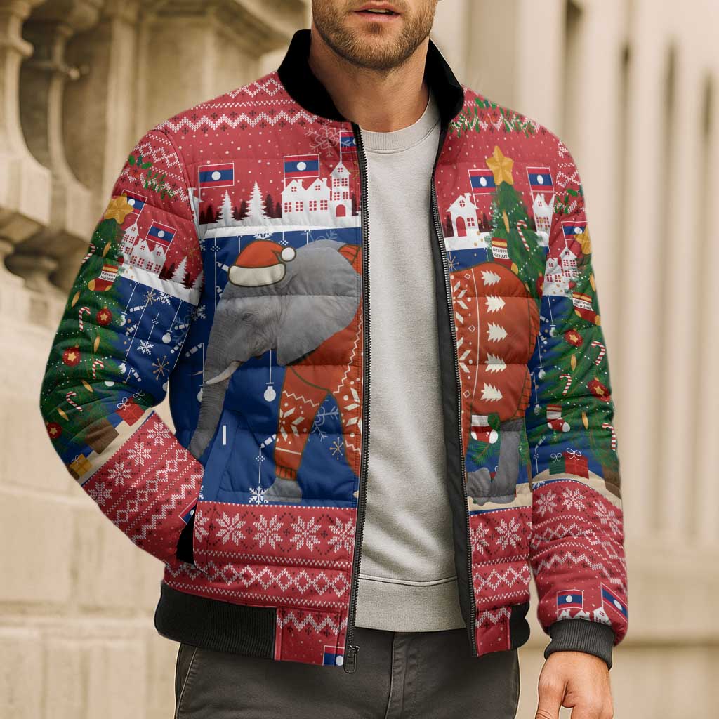 Laos Christmas Bomber Puffer Jacket with Festive Elephant Design and Holiday Village Pattern - Wonder Print Shop