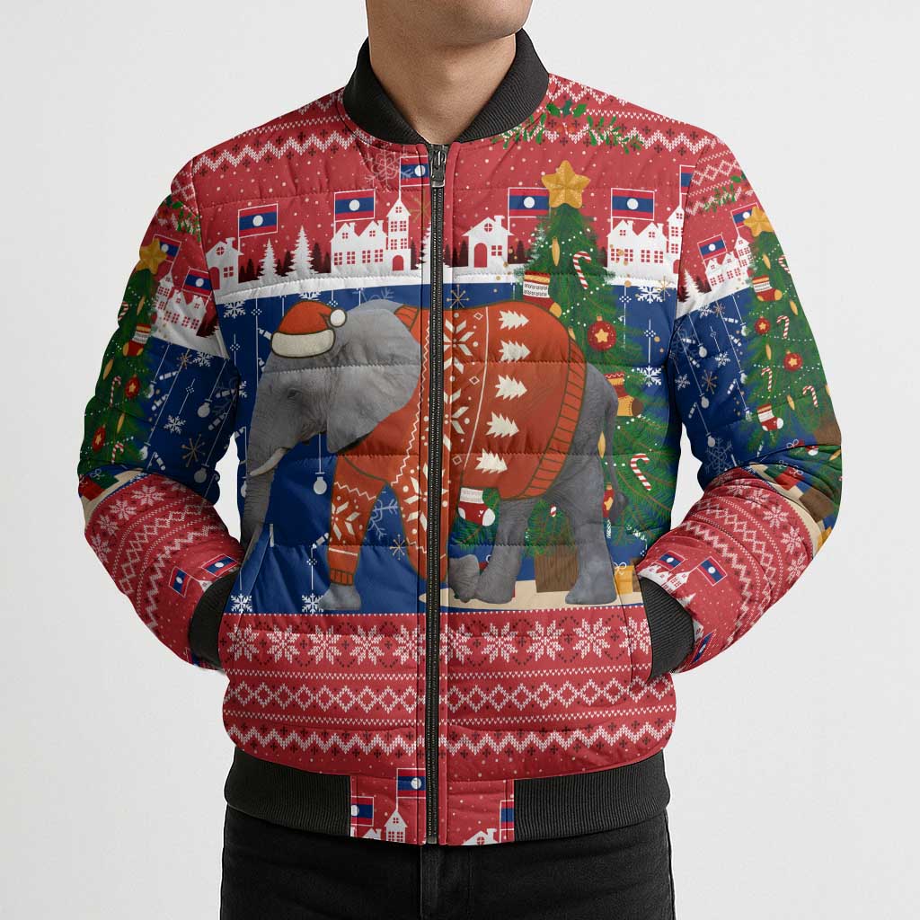 Laos Christmas Bomber Puffer Jacket with Festive Elephant Design and Holiday Village Pattern - Wonder Print Shop