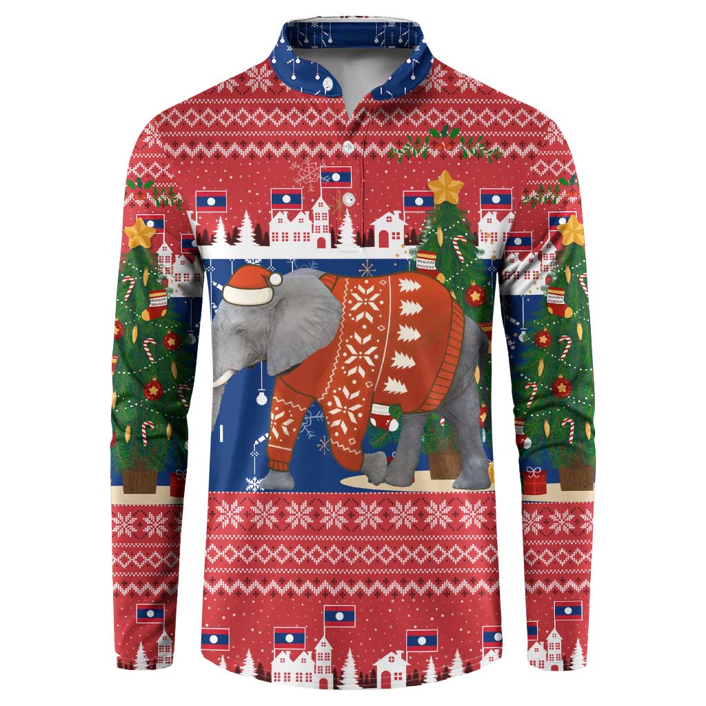 Laos Christmas Button Sweatshirt with Festive Elephant Design and Holiday Village Pattern - Wonder Print Shop