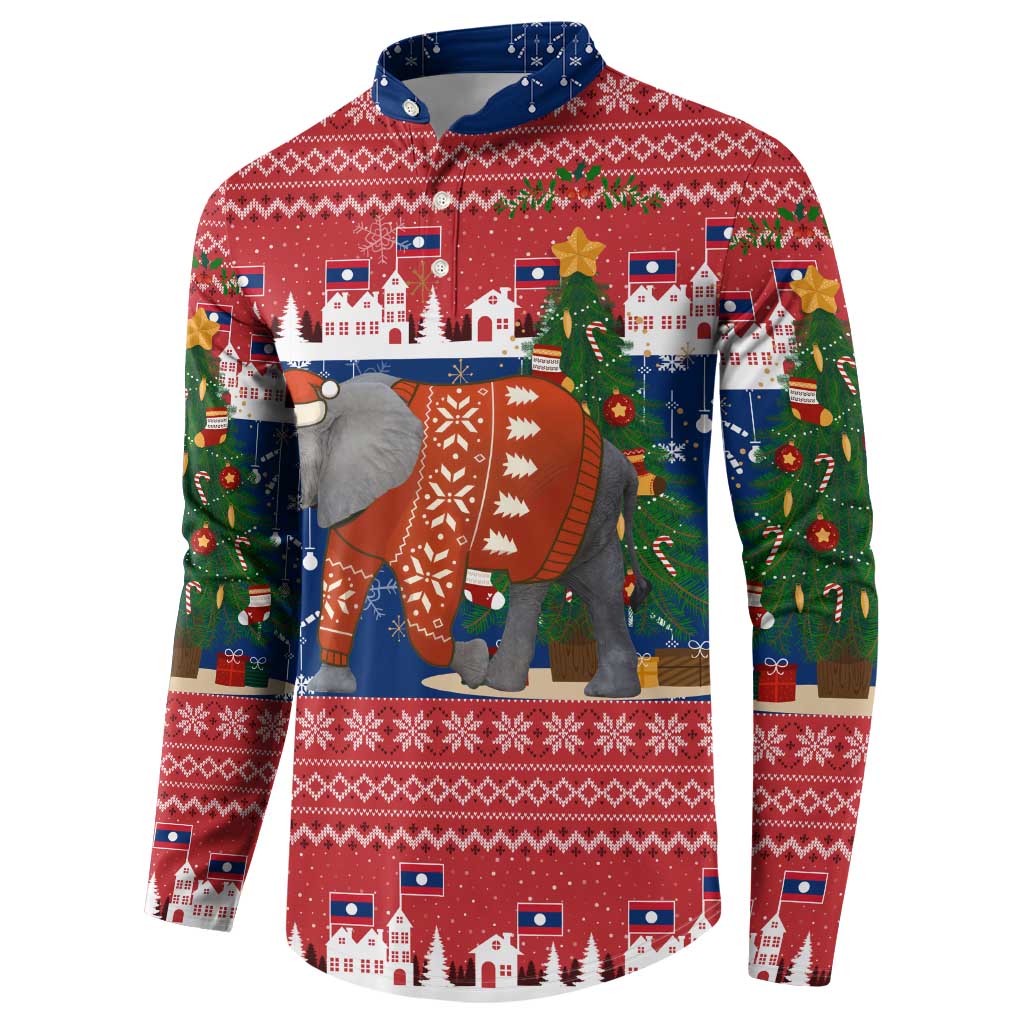 Laos Christmas Button Sweatshirt with Festive Elephant Design and Holiday Village Pattern - Wonder Print Shop