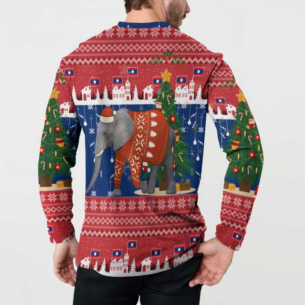 Laos Christmas Button Sweatshirt with Festive Elephant Design and Holiday Village Pattern - Wonder Print Shop