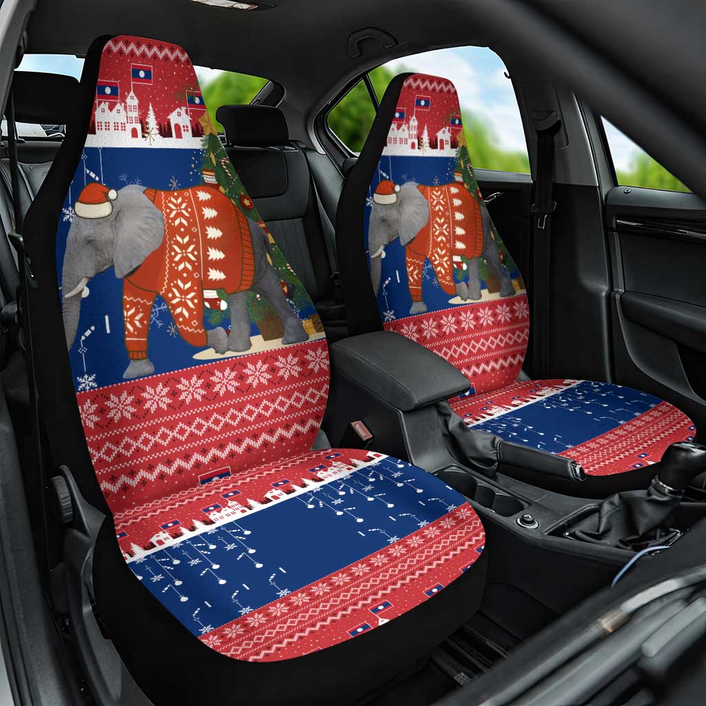 Laos Christmas Car Seat Cover with Festive Elephant Design and Holiday Village Pattern - Wonder Print Shop