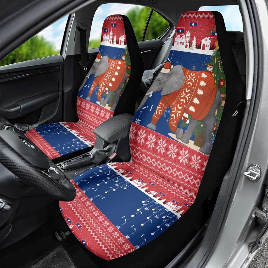 Laos Christmas Car Seat Cover with Festive Elephant Design and Holiday Village Pattern - Wonder Print Shop
