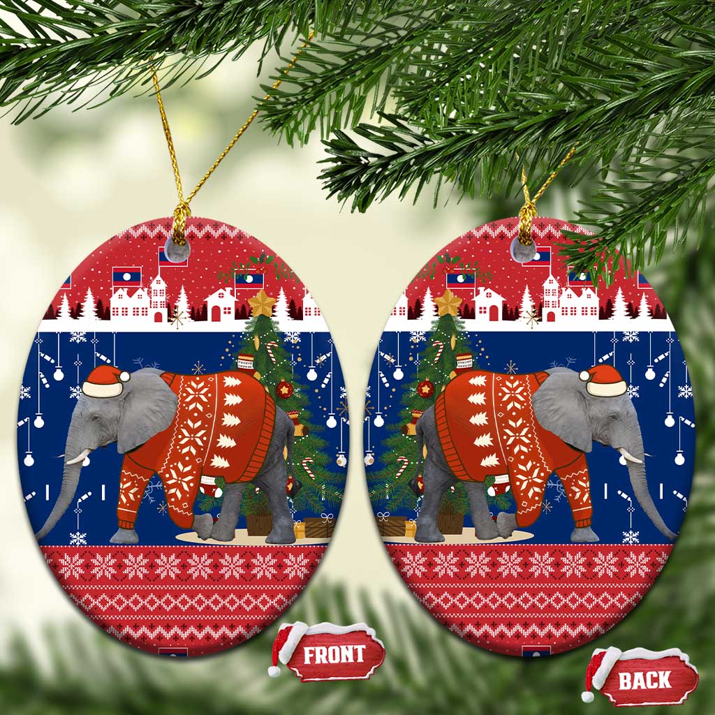 Laos Christmas Ceramic Ornament with Festive Elephant Design and Holiday Village Pattern - Wonder Print Shop