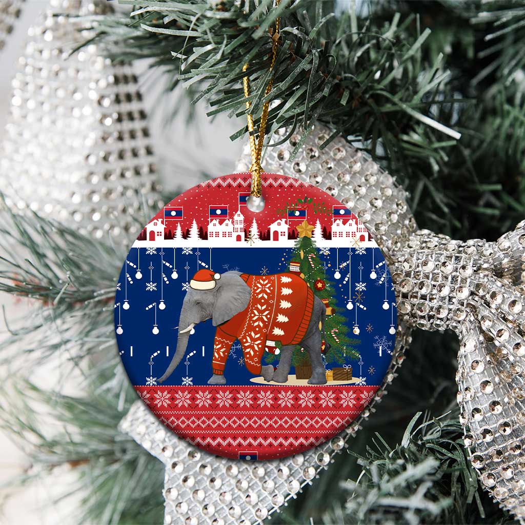 Laos Christmas Ceramic Ornament with Festive Elephant Design and Holiday Village Pattern - Wonder Print Shop