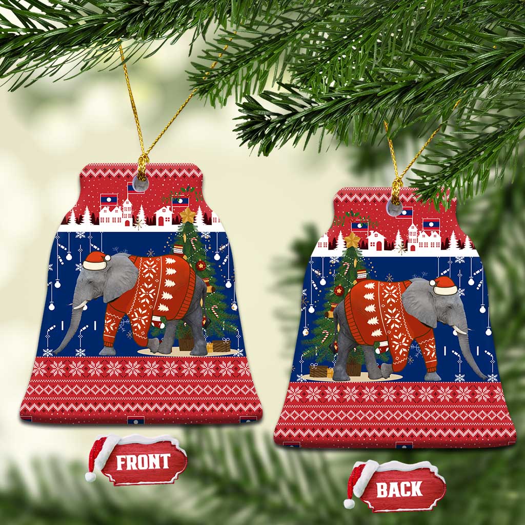 Laos Christmas Ceramic Ornament with Festive Elephant Design and Holiday Village Pattern - Wonder Print Shop