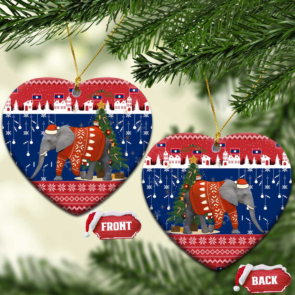Laos Christmas Ceramic Ornament with Festive Elephant Design and Holiday Village Pattern - Wonder Print Shop