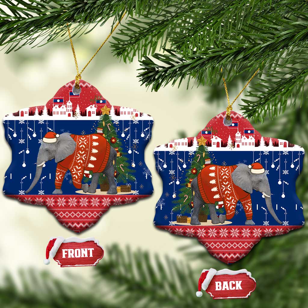 Laos Christmas Ceramic Ornament with Festive Elephant Design and Holiday Village Pattern - Wonder Print Shop