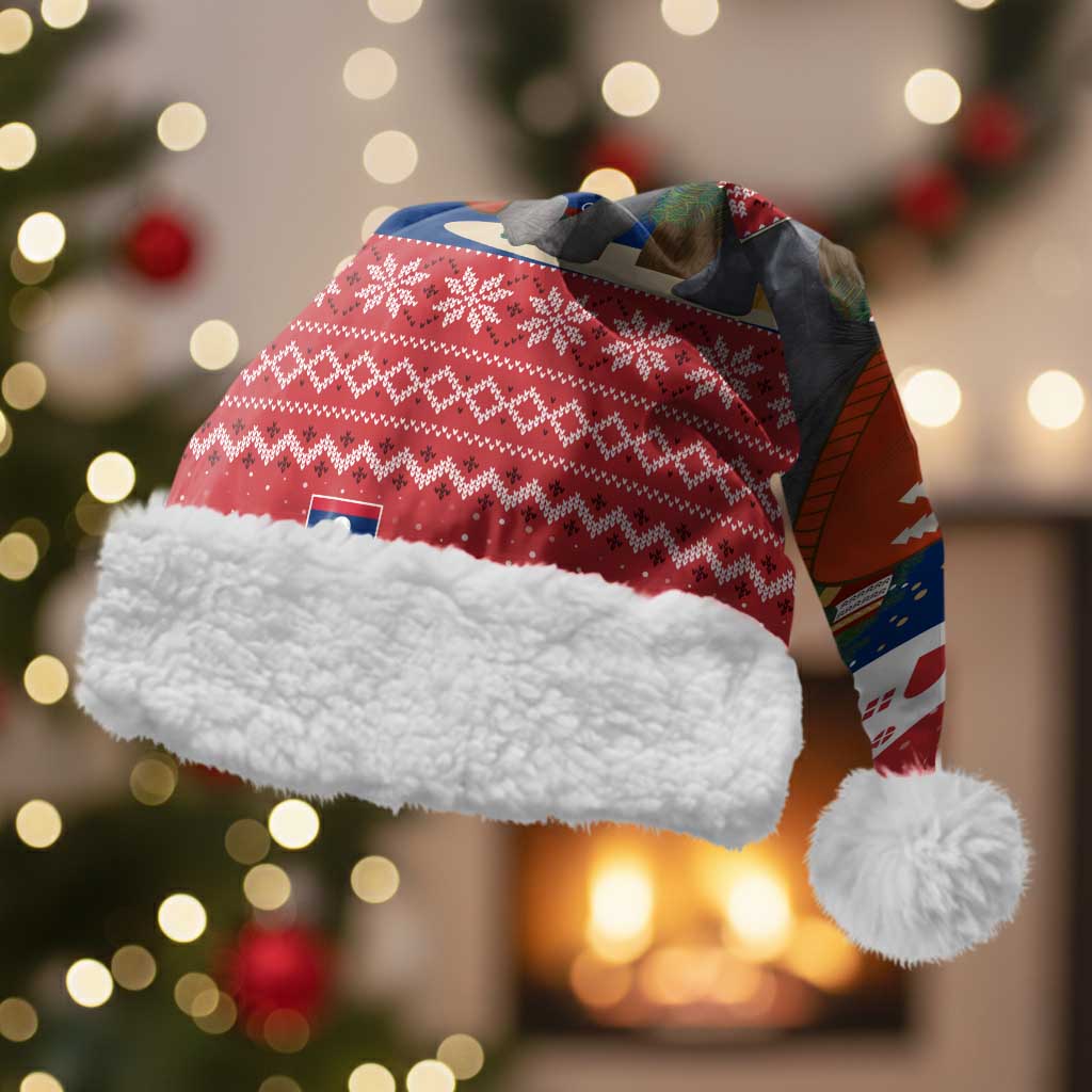 Laos Christmas Santa Hat with Festive Elephant Design and Holiday Village Pattern - Wonder Print Shop