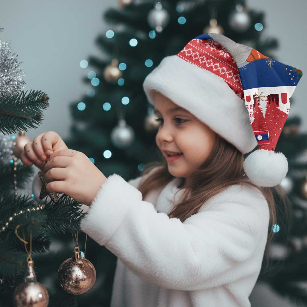 Laos Christmas Santa Hat with Festive Elephant Design and Holiday Village Pattern - Wonder Print Shop
