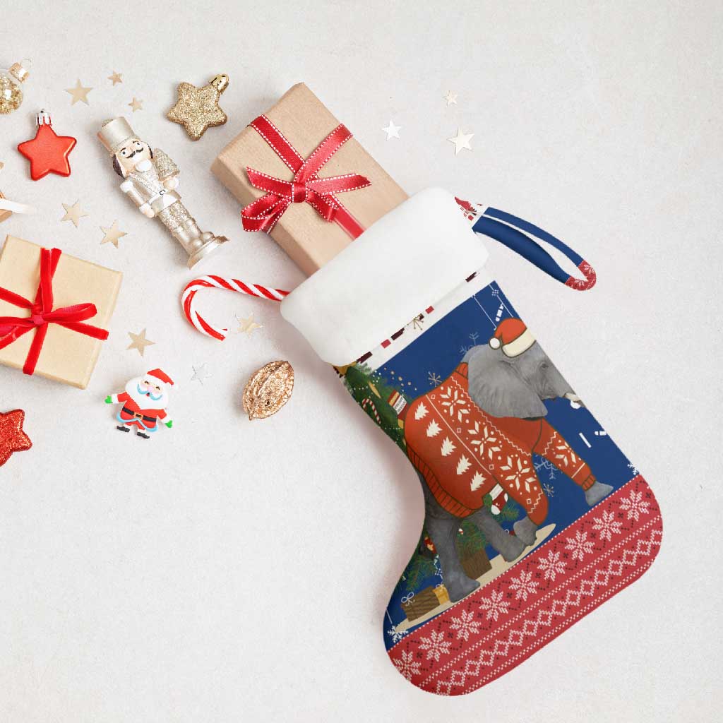 Laos Christmas Stocking with Festive Elephant Design and Holiday Village Pattern - Wonder Print Shop