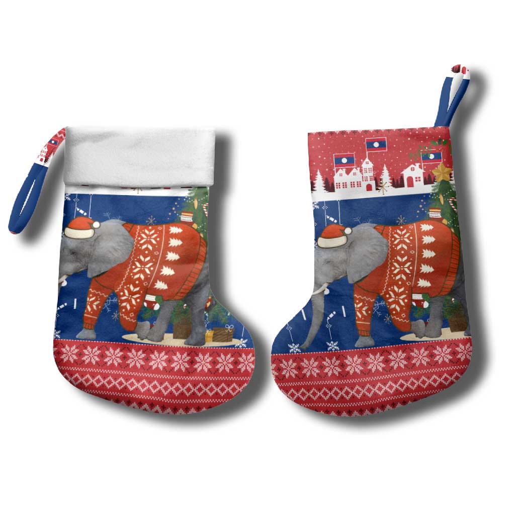 Laos Christmas Stocking with Festive Elephant Design and Holiday Village Pattern - Wonder Print Shop