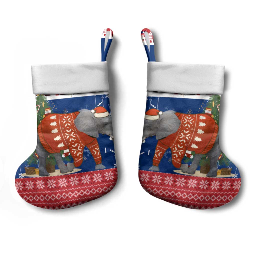 Laos Christmas Stocking with Festive Elephant Design and Holiday Village Pattern - Wonder Print Shop