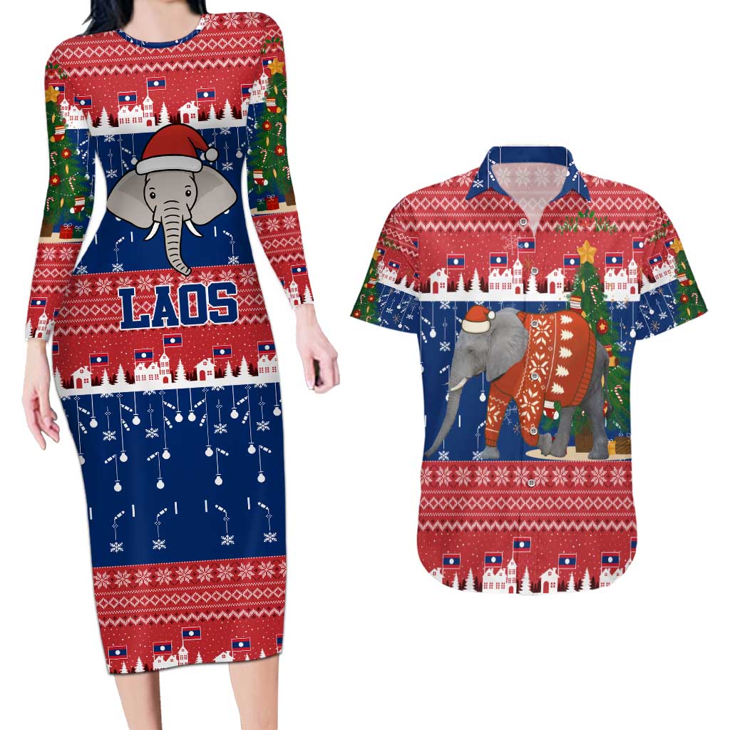 Laos Christmas Couples Matching Long Sleeve Bodycon Dress and Hawaiian Shirt with Festive Elephant Design and Holiday Village Pattern - Wonder Print Shop