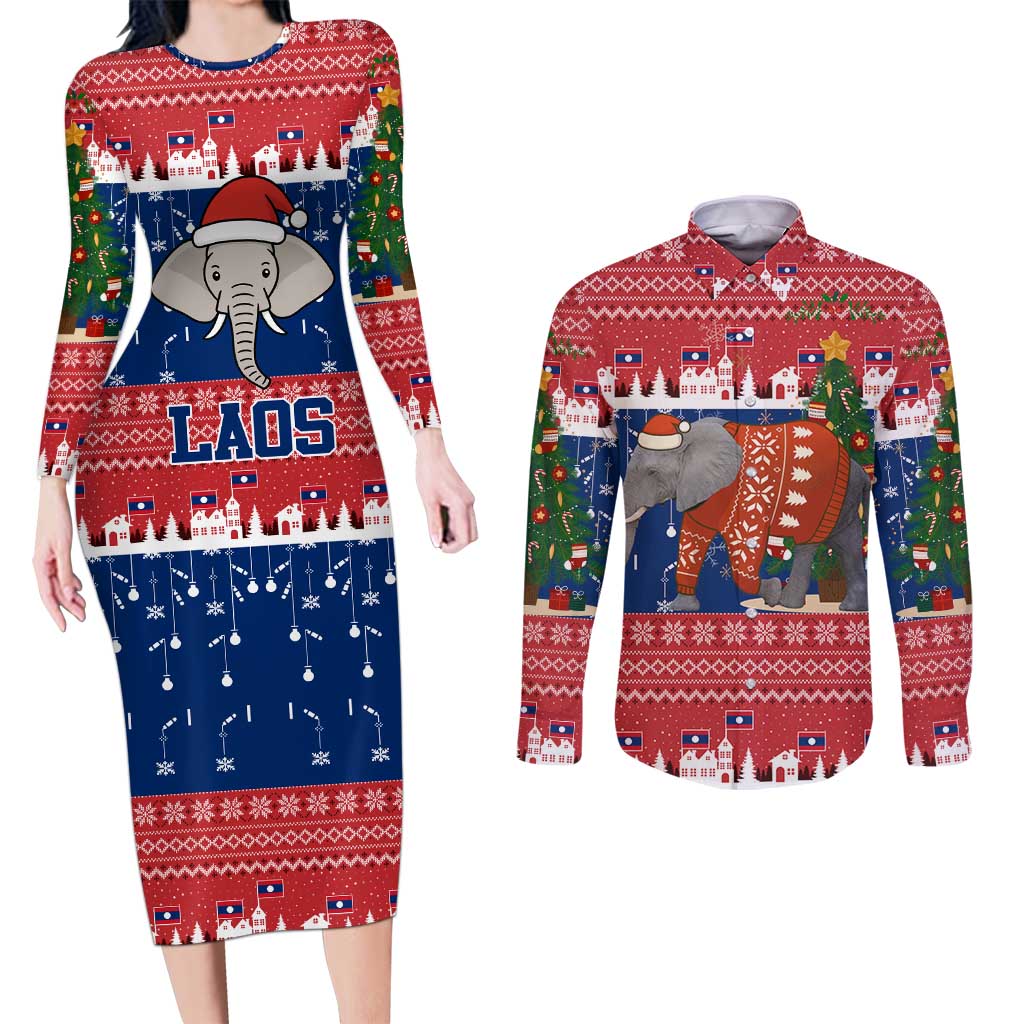 Laos Christmas Couples Matching Long Sleeve Bodycon Dress and Long Sleeve Button Shirt with Festive Elephant Design and Holiday Village Pattern - Wonder Print Shop
