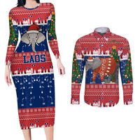 Laos Christmas Couples Matching Long Sleeve Bodycon Dress and Long Sleeve Button Shirt with Festive Elephant Design and Holiday Village Pattern - Wonder Print Shop