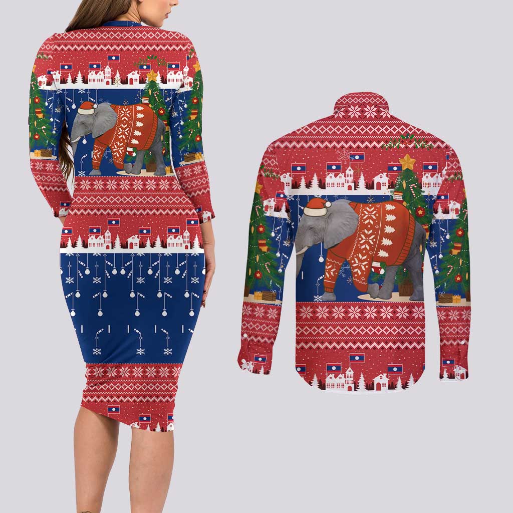 Laos Christmas Couples Matching Long Sleeve Bodycon Dress and Long Sleeve Button Shirt with Festive Elephant Design and Holiday Village Pattern - Wonder Print Shop
