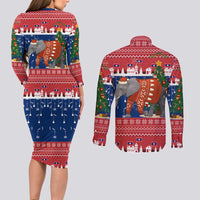 Laos Christmas Couples Matching Long Sleeve Bodycon Dress and Long Sleeve Button Shirt with Festive Elephant Design and Holiday Village Pattern - Wonder Print Shop