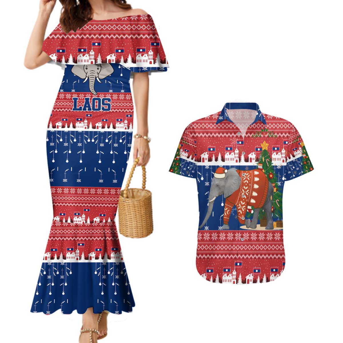 Laos Christmas Couples Matching Mermaid Dress and Hawaiian Shirt with Festive Elephant Design and Holiday Village Pattern - Wonder Print Shop