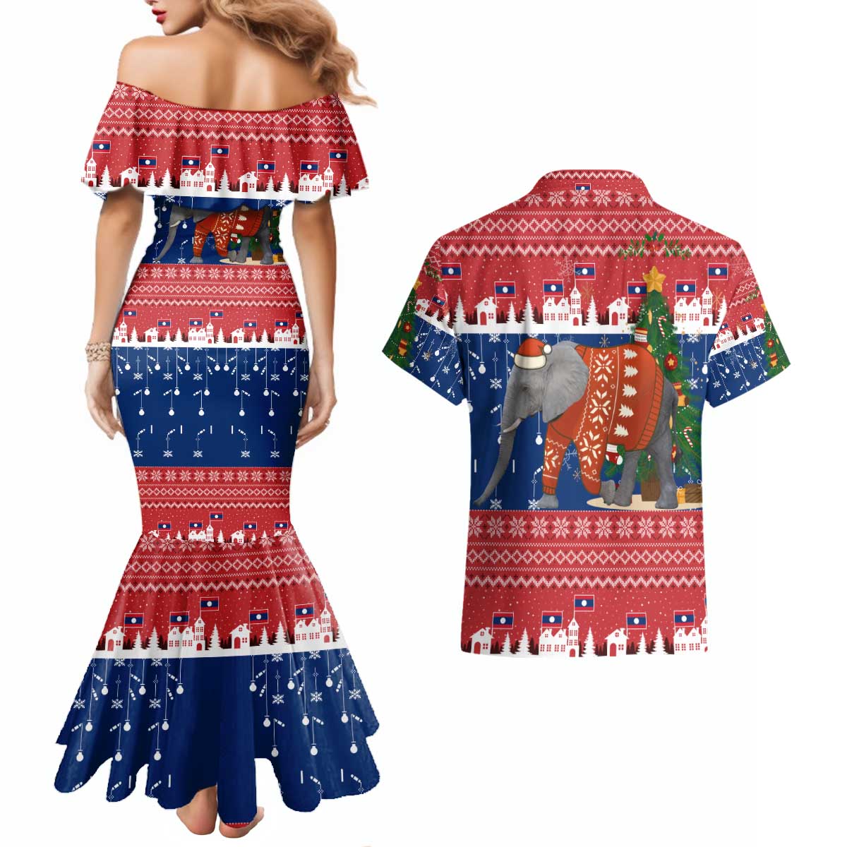 Laos Christmas Couples Matching Mermaid Dress and Hawaiian Shirt with Festive Elephant Design and Holiday Village Pattern - Wonder Print Shop