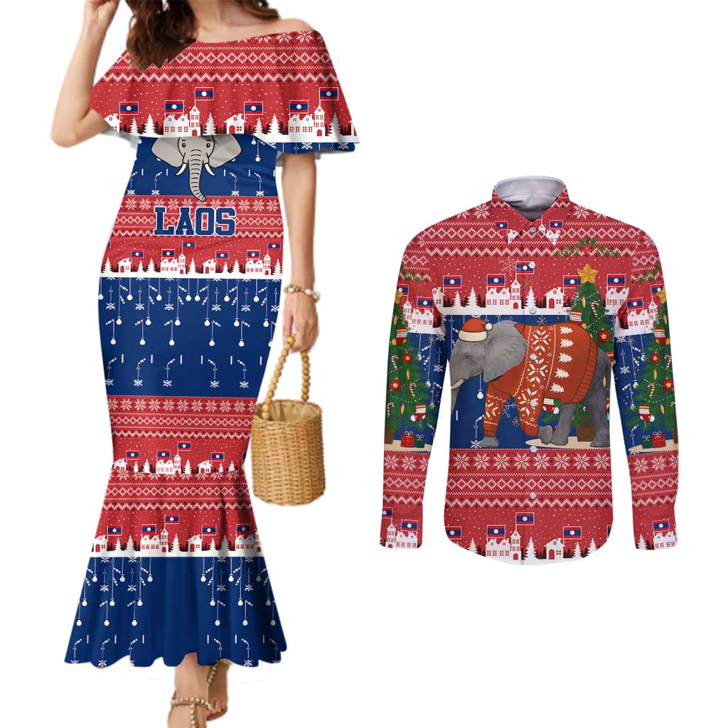 Laos Christmas Couples Matching Mermaid Dress and Long Sleeve Button Shirt with Festive Elephant Design and Holiday Village Pattern - Wonder Print Shop