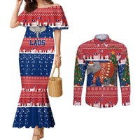 Laos Christmas Couples Matching Mermaid Dress and Long Sleeve Button Shirt with Festive Elephant Design and Holiday Village Pattern - Wonder Print Shop