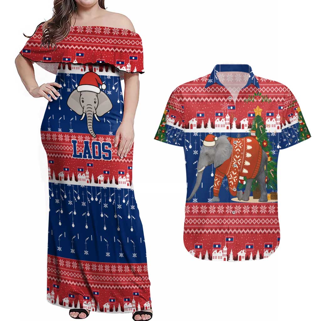 Laos Christmas Couples Matching Off Shoulder Maxi Dress and Hawaiian Shirt with Festive Elephant Design and Holiday Village Pattern - Wonder Print Shop