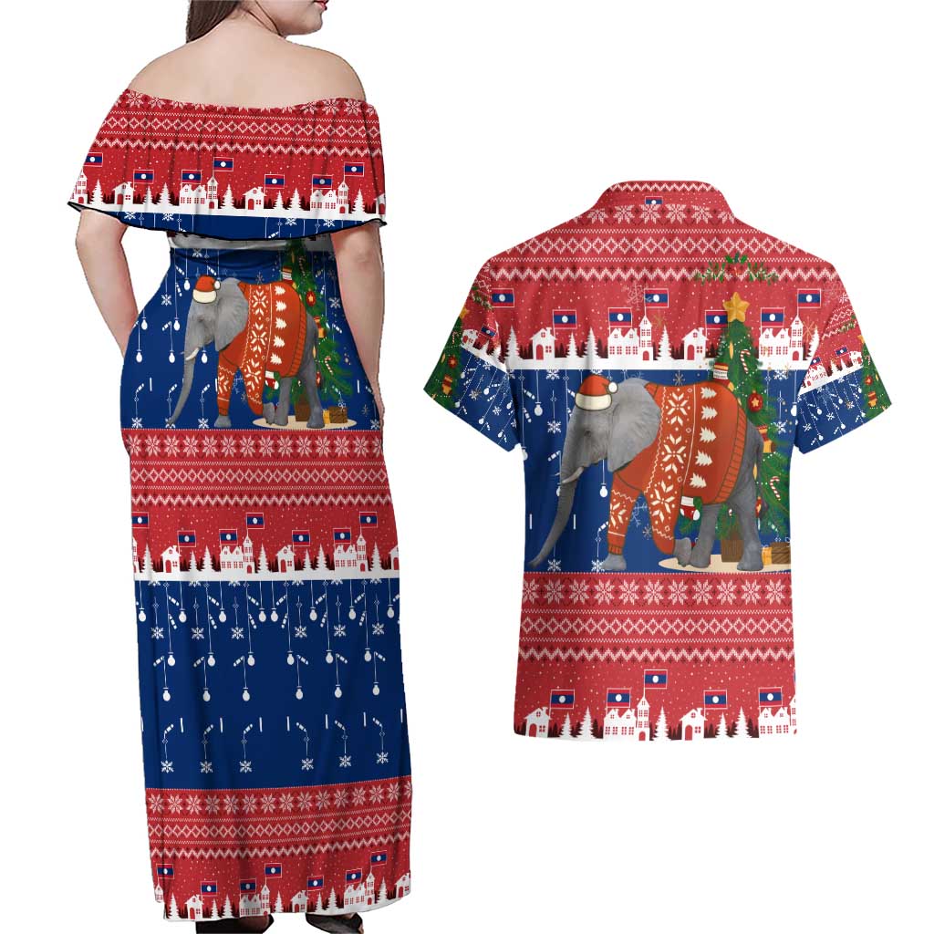 Laos Christmas Couples Matching Off Shoulder Maxi Dress and Hawaiian Shirt with Festive Elephant Design and Holiday Village Pattern - Wonder Print Shop